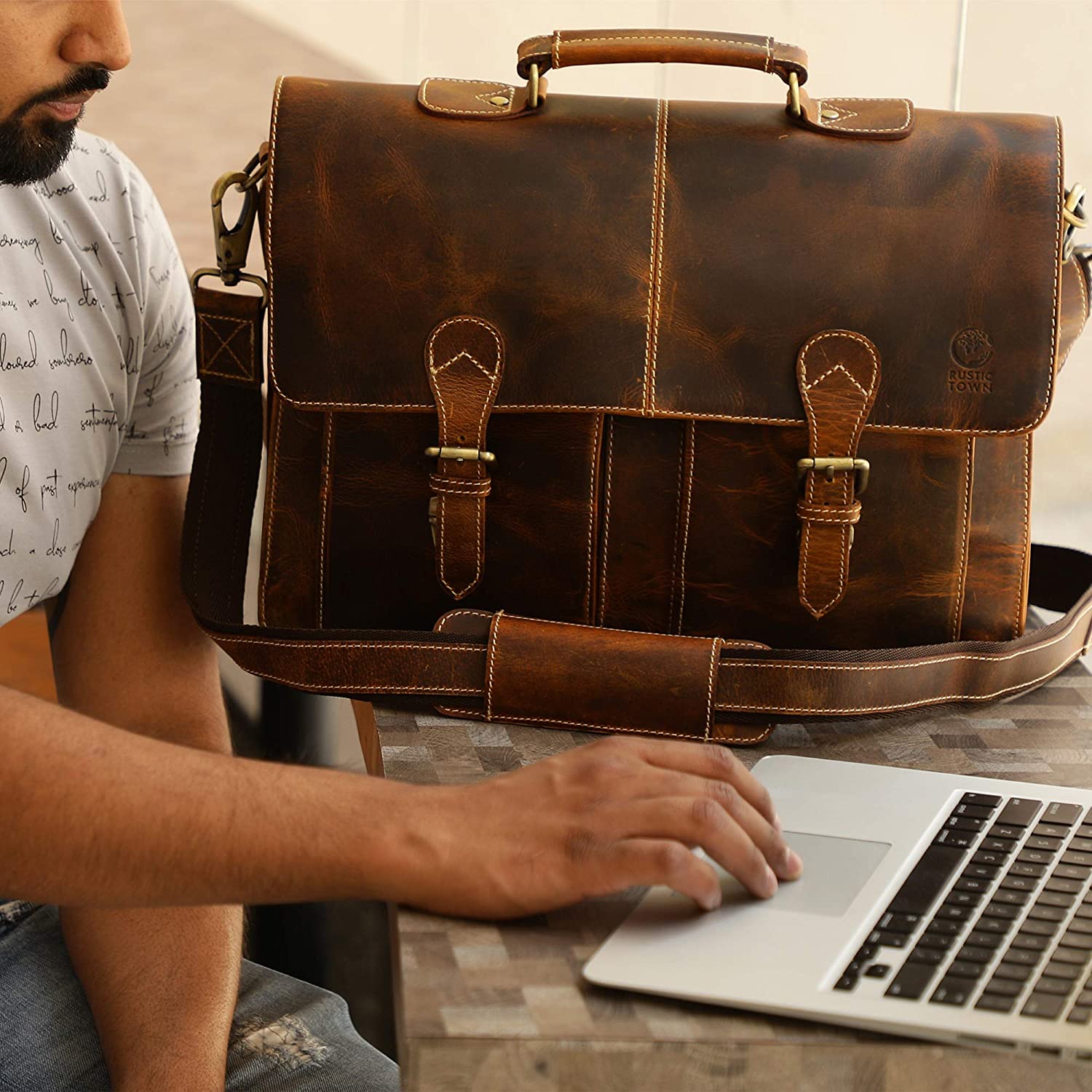 RUSTIC TOWN Handmade Leather Shoulder Briefcase Messenger Bag Mens 16 inch Laptop Satchel - Image 8